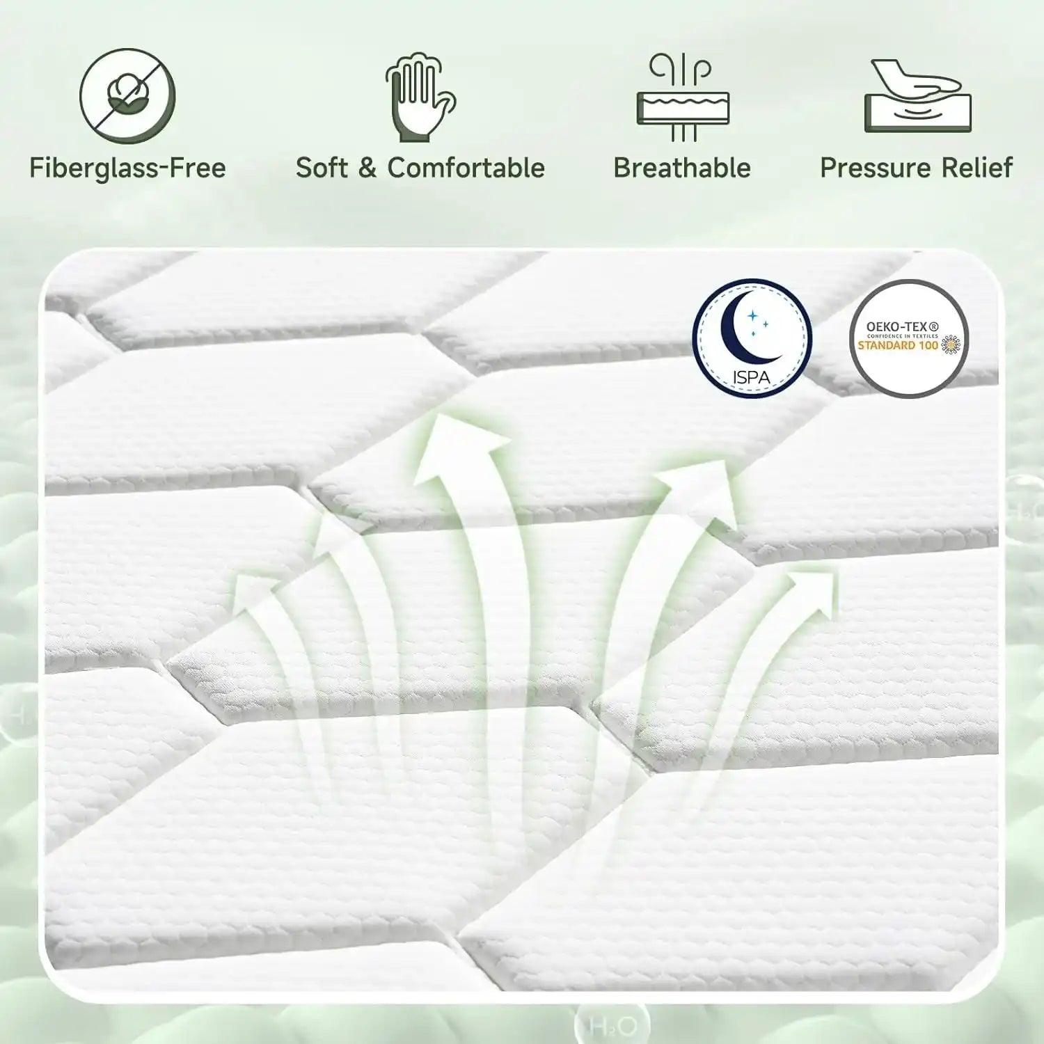 Breathable white mattress cover with hexagonal pattern, fiberglass-free, soft, comfortable, pressure relief, and OEKO-TEX certified.