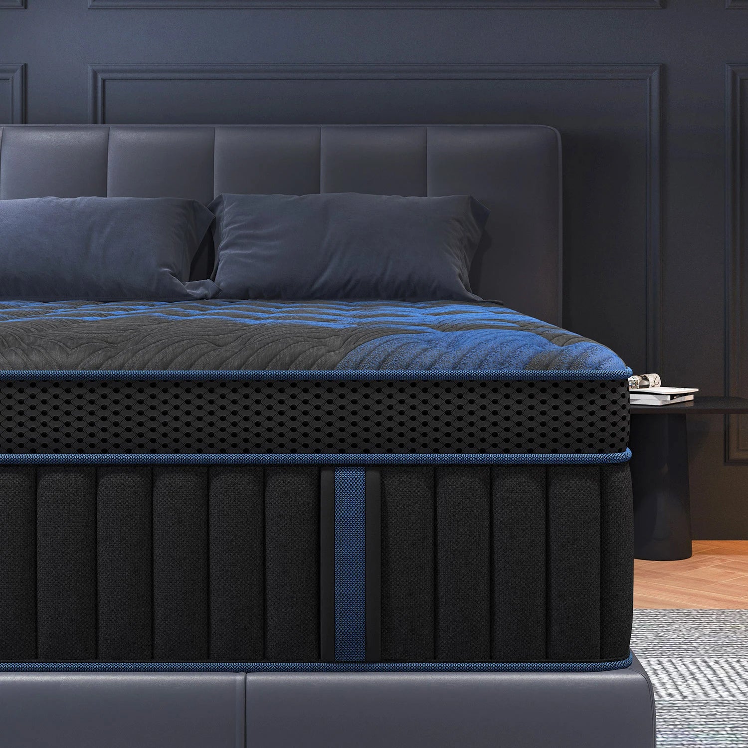 "12" Gel Memory Foam Hybrid Pocket Spring Mattress, available in Twin, Full, Queen, and King sizes."
"Close-up view of gel memory foam layer in the 12" mattress for cooling and pressure relief."