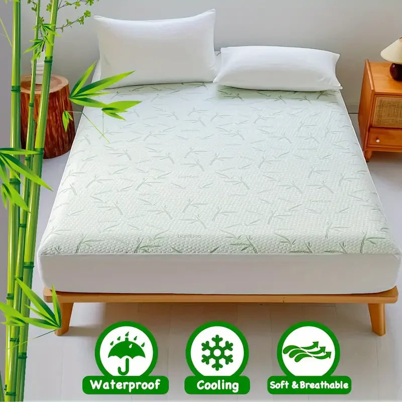 "Close-up of Cooling Bamboo Fitted Mattress Cover fabric, showcasing breathable and eco-friendly bamboo fibers."