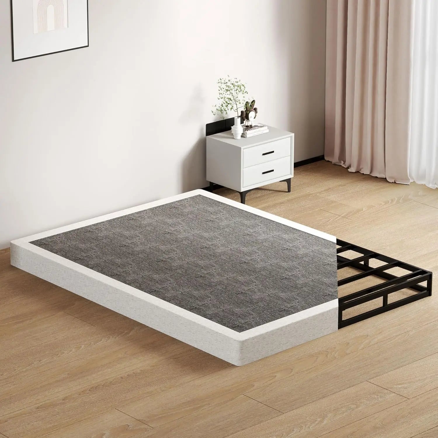 "Full Size low profile box spring with washable fabric cover and easy setup"
"Full Size Low Profile Box Spring, 5-inch height with washable cover"