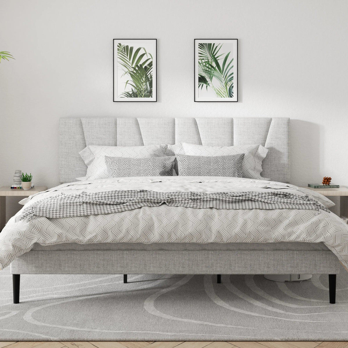Modern Velvet Upholstered Platform Bed Frame with Vertical Channel Headboard LuxeHome Furniture