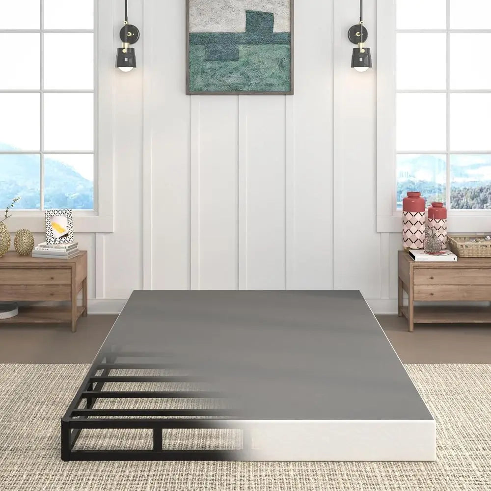 Queen Size 7-Inch Heavy Duty Metal Box Spring with fabric cover, designed for noise-free assembly and 3,000 lbs capacity.