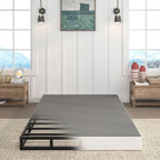 Queen Size 7-Inch Heavy Duty Metal Box Spring with fabric cover, designed for noise-free assembly and 3,000 lbs capacity.