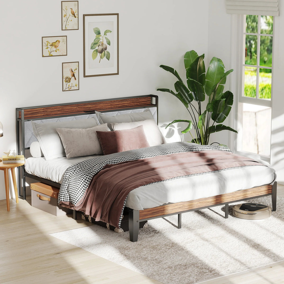 King Size Metal Bed Frame (Heavy-Duty) with Headboard Charging Station — Easy Assembly, (1,100 lbs Capacity)