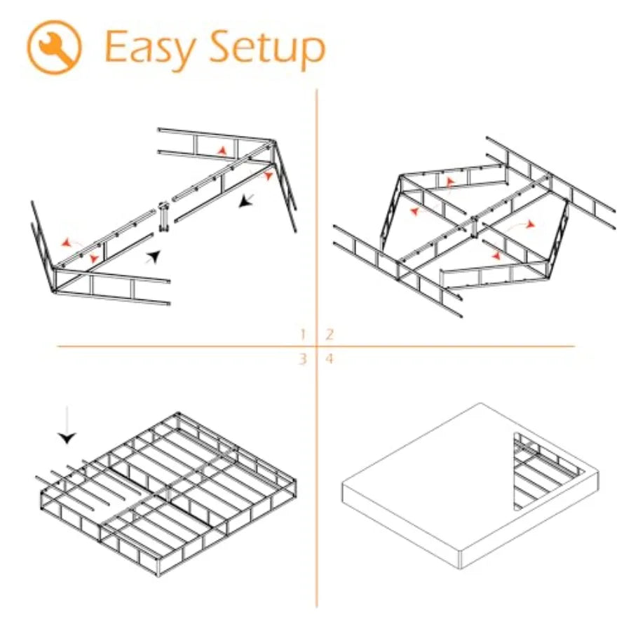 Illustration showing the easy assembly steps for LuxeHome Furniture's California King 9-Inch Heavy Duty Metal Box Spring.