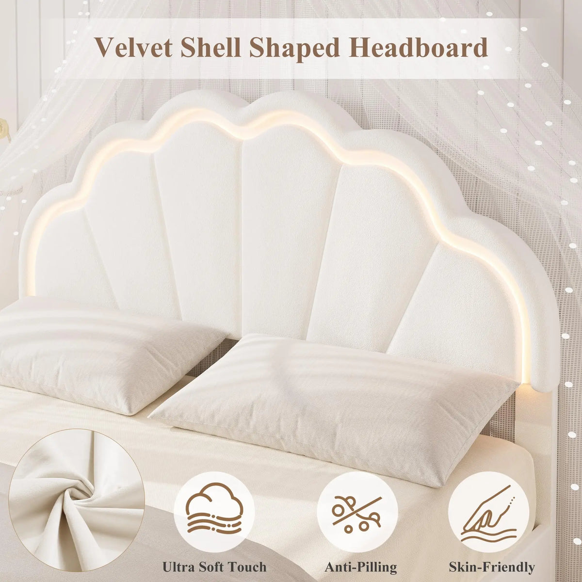 (Twin/Full\Queen) Upholstered LED Bed Frame, Velvet Shell Headboard, Adjustable Height, Underbed Storage, No Box Spring Needed, Easy Assembly