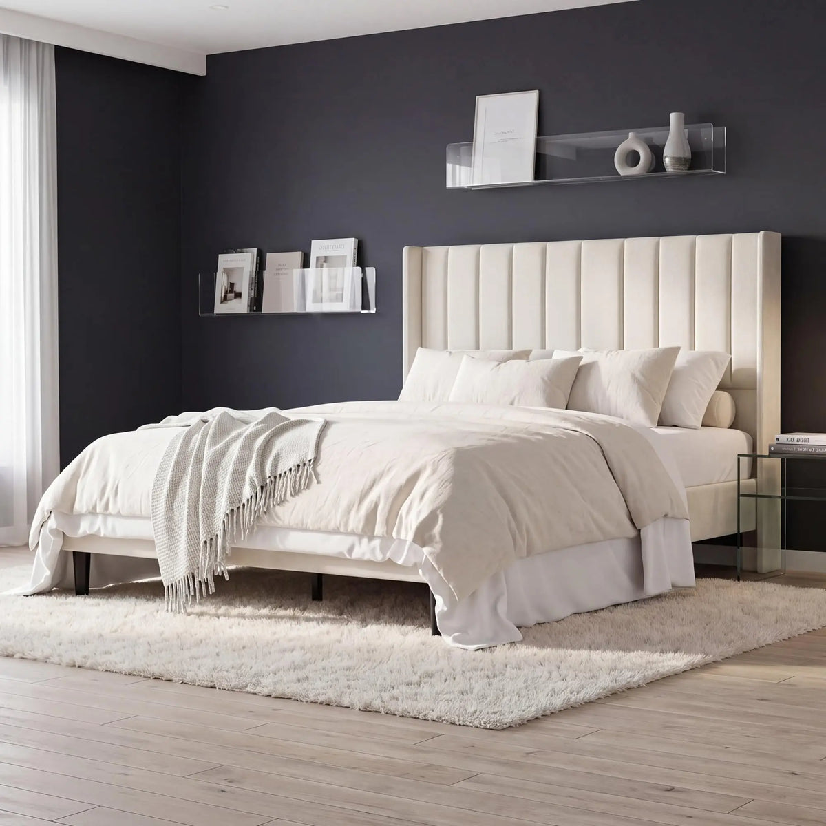 Full/Queen/King Velvet Platform Bed Frame — 52" Beige Wingback Tufted Headboard, Wood Slats & Storage