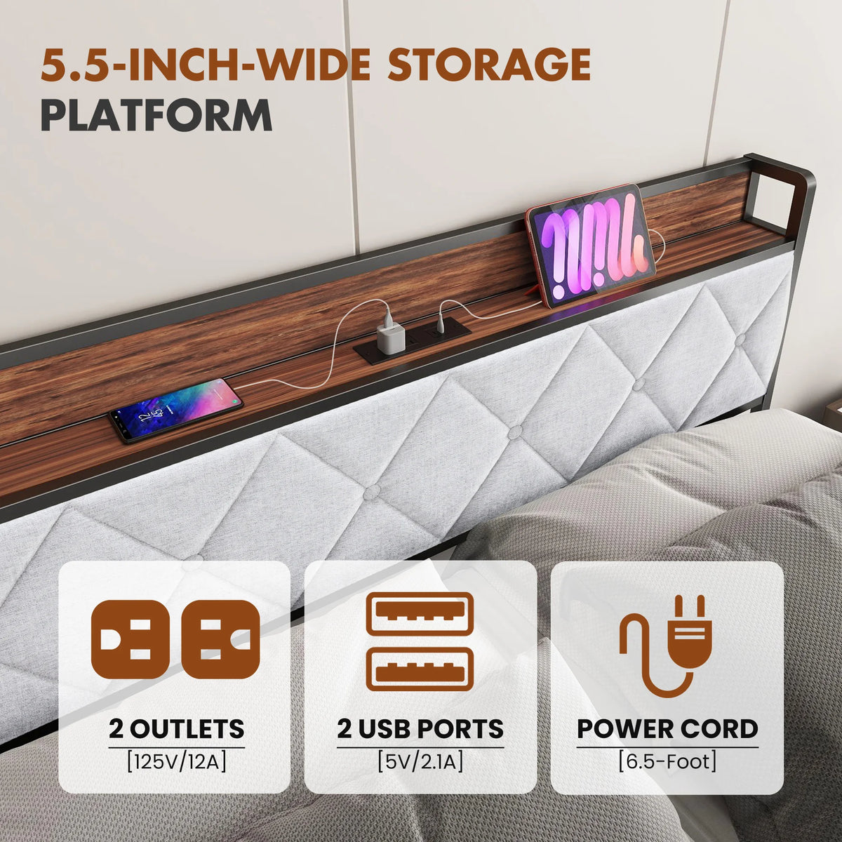 King Size Metal Bed Frame (Heavy-Duty) with Headboard Charging Station — Easy Assembly, (1,100 lbs Capacity)