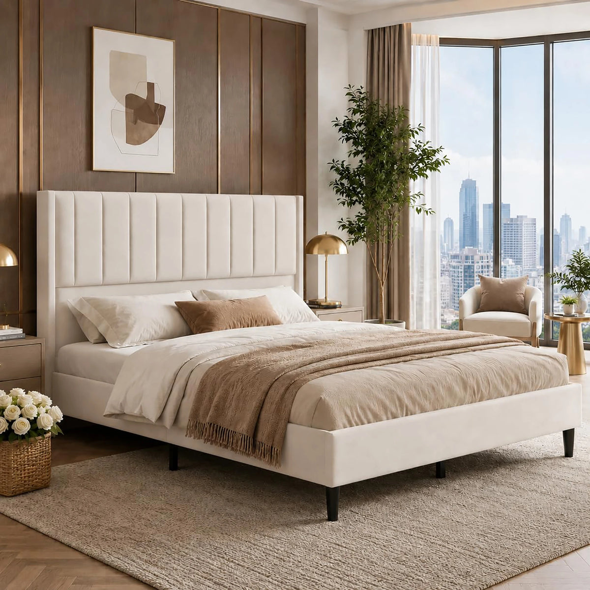 Full/Queen/King Velvet Platform Bed Frame — 52" Beige Wingback Tufted Headboard, Wood Slats & Storage