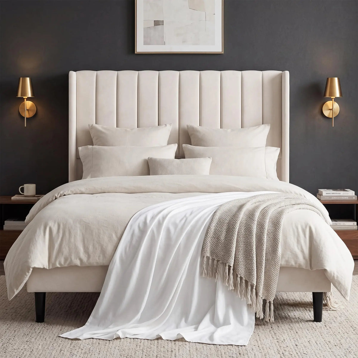 Full/Queen/King Velvet Platform Bed Frame — 52" Beige Wingback Tufted Headboard, Wood Slats & Storage