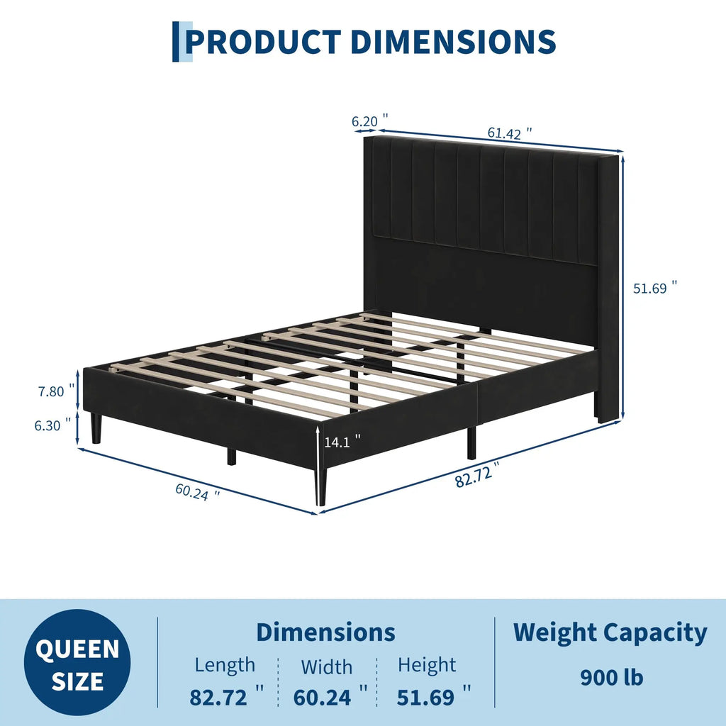 Full/Queen/King Velvet Platform Bed Frame — 52" Beige Wingback Tufted Headboard, Wood Slats & Storage