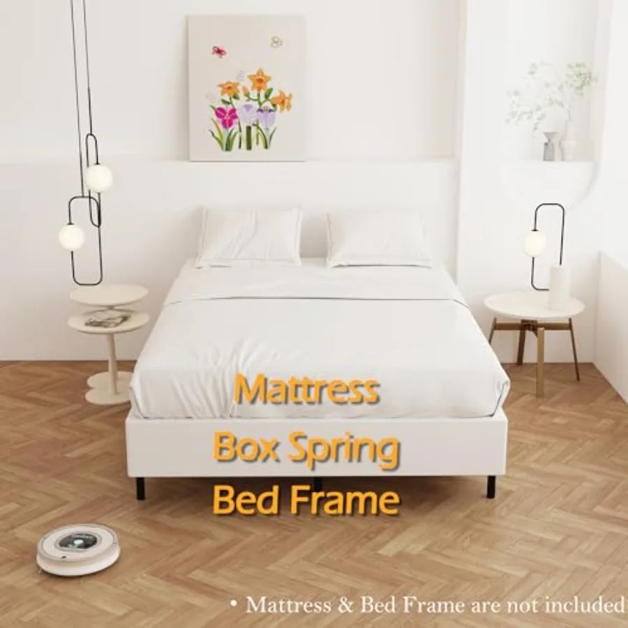 California King 9-Inch Heavy Duty Metal Box Spring with fabric cover, showcased in a minimalist bedroom setting.