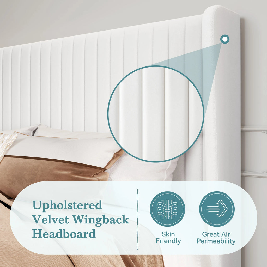 Luxury velvet bed frame USA vertical channel tufted wingback headboard with wooden slats sturdy platform bed full queen king- LuxeHome Furniture
