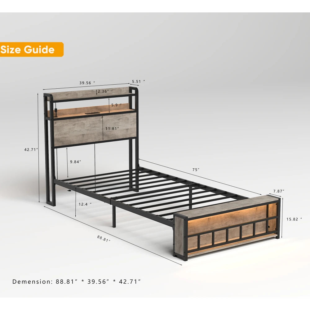 Orraves Twin Bed Frame with LED Lights & Charging Station – Modern Upholstered Platform Bed LuxeHome Furniture