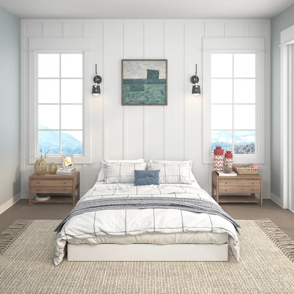 Full size 7-inch heavy duty metal box spring in a modern bedroom setting with a bed, nightstands, and natural light.