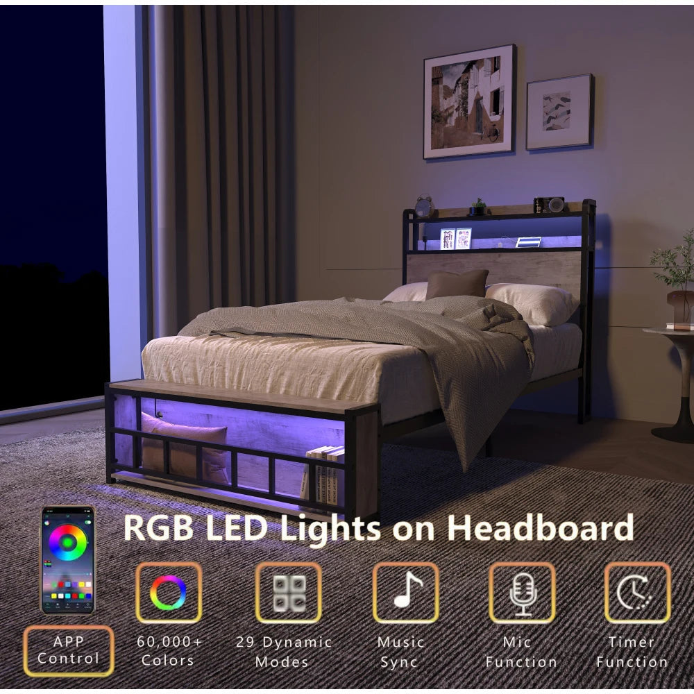 Orraves Twin Bed Frame with LED Lights & Charging Station – Modern Upholstered Platform Bed LuxeHome Furniture