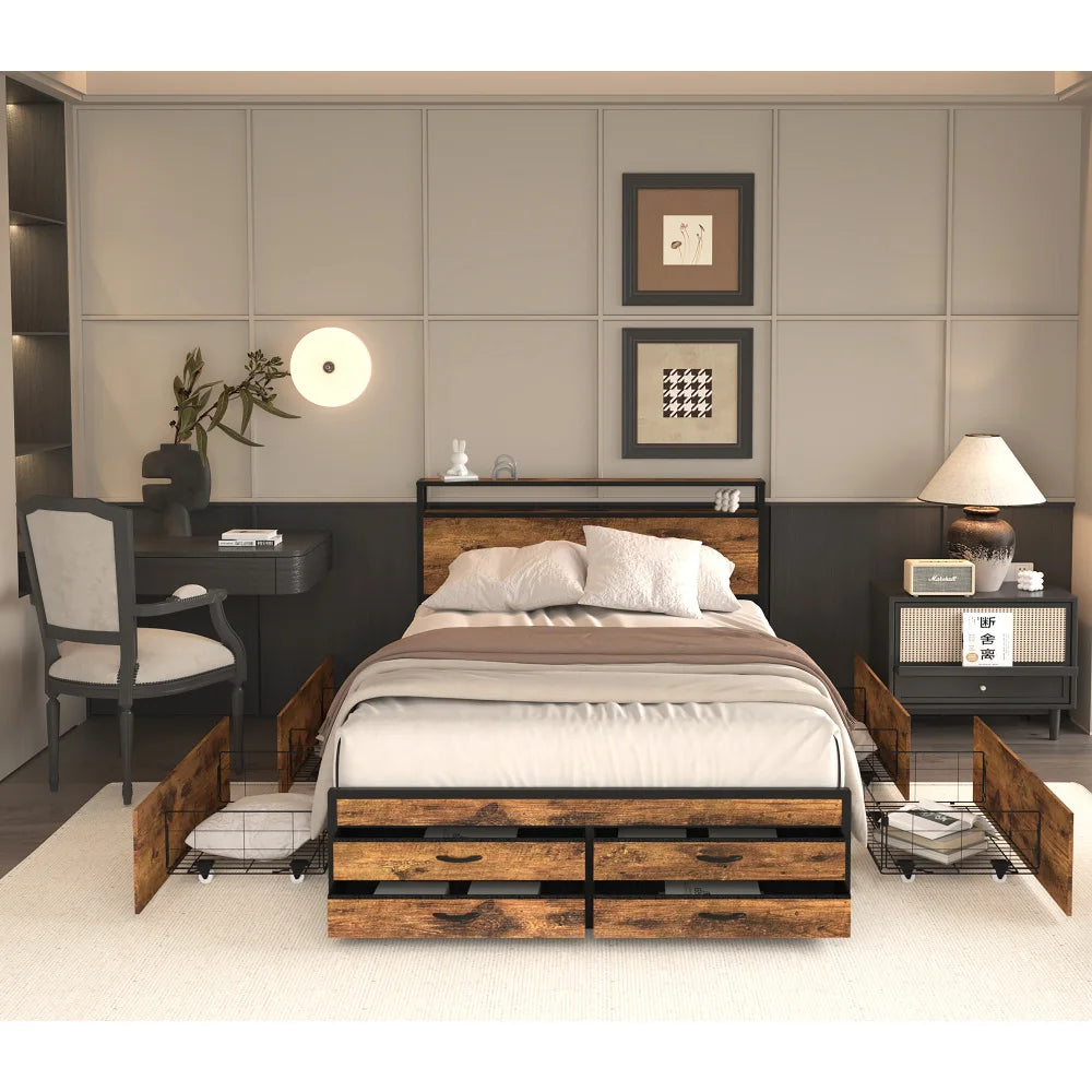 Orraves Queen Bed Frame with 8 Storage Drawers, LED Headboard & Charging Station LuxeHome Furniture