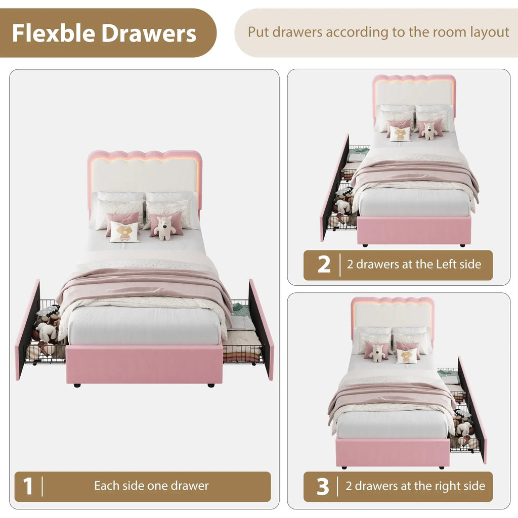 Twin Upholstered LED Bed Frame with 2 Storage Drawers, Adjustable Velvet Headboard — Platform Bed for Kids, No Box Spring Needed