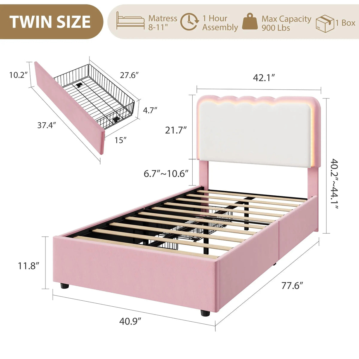 Twin Upholstered LED Bed Frame with 2 Storage Drawers, Adjustable Velvet Headboard — Platform Bed for Kids, No Box Spring Needed