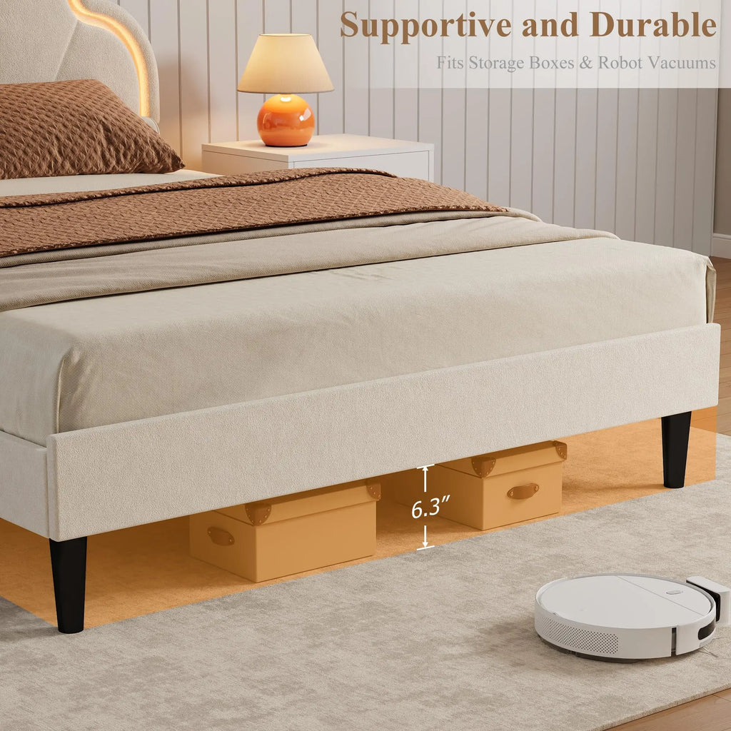 (Twin/Full\Queen) Upholstered LED Bed Frame, Velvet Shell Headboard, Adjustable Height, Underbed Storage, No Box Spring Needed, Easy Assembly
