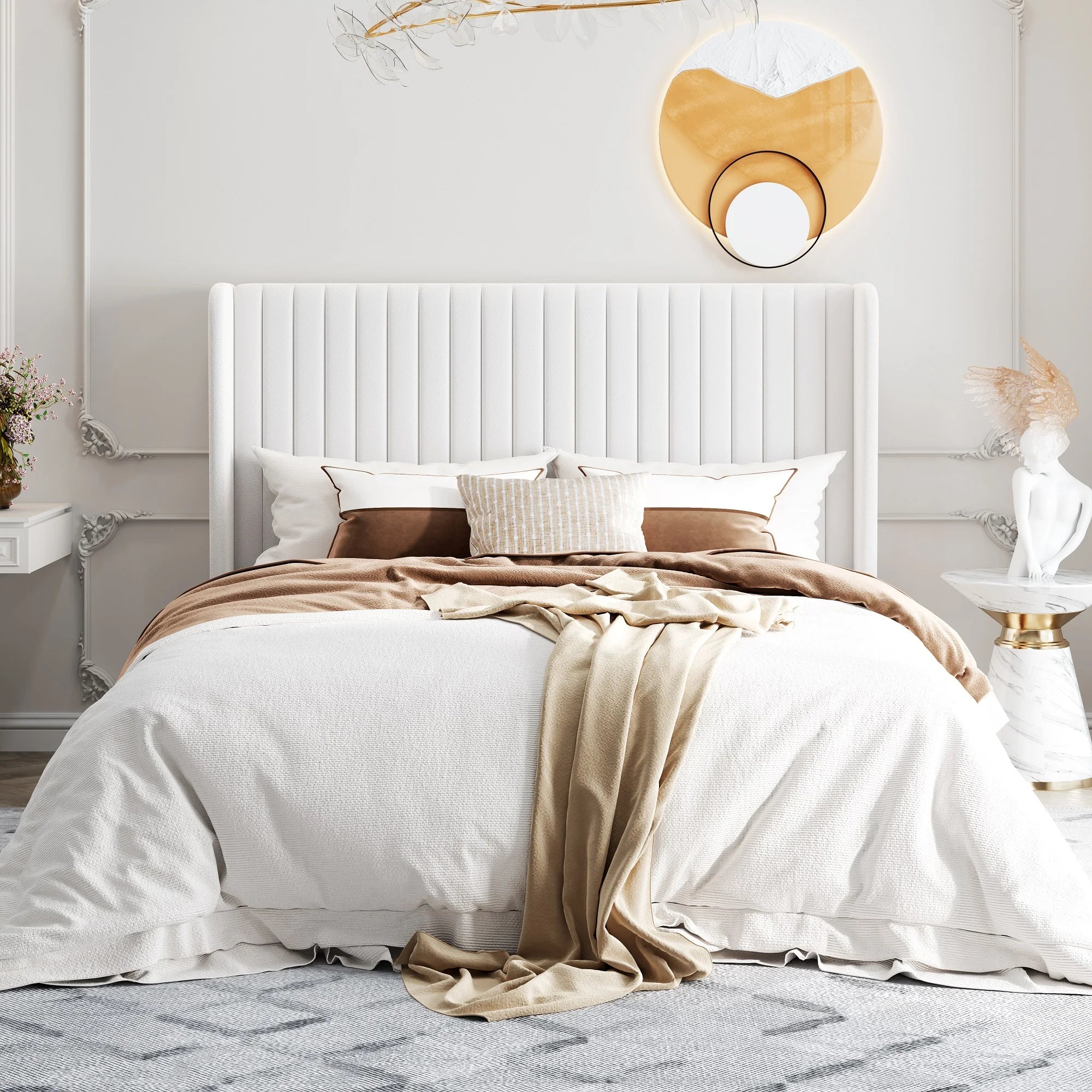 Luxury velvet bed frame USA vertical channel tufted wingback headboard with wooden slats sturdy platform bed full queen king
