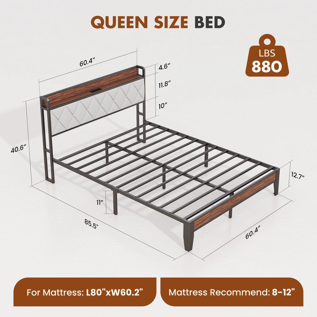 King Size Metal Bed Frame (Heavy-Duty) with Headboard Charging Station — Easy Assembly, (1,100 lbs Capacity)