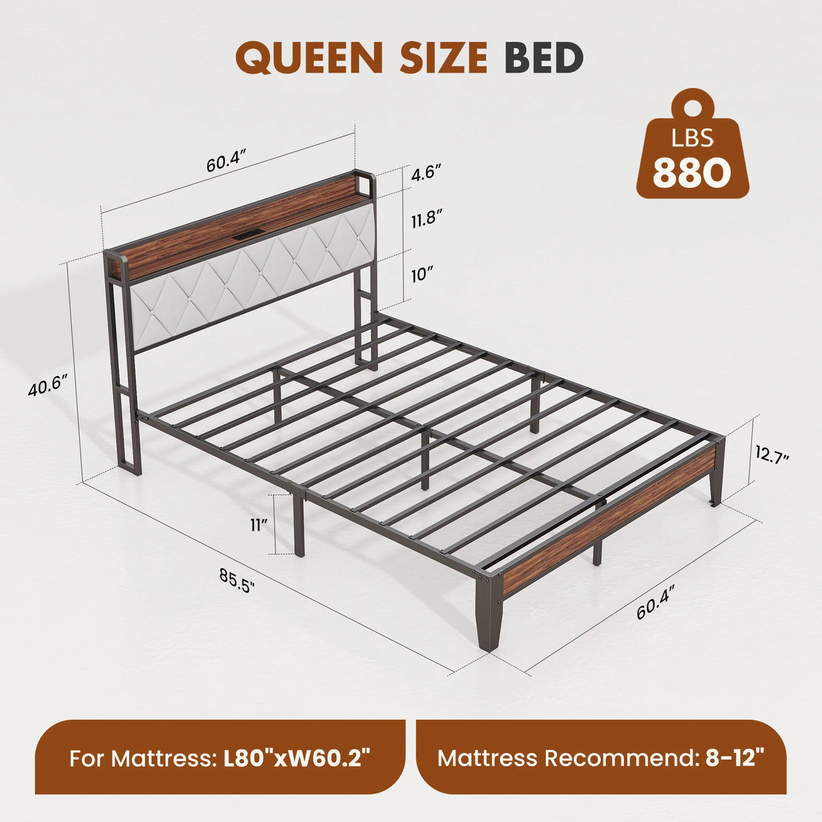 King Size Metal Bed Frame (Heavy-Duty) with Headboard Charging Station — Easy Assembly, (1,100 lbs Capacity)