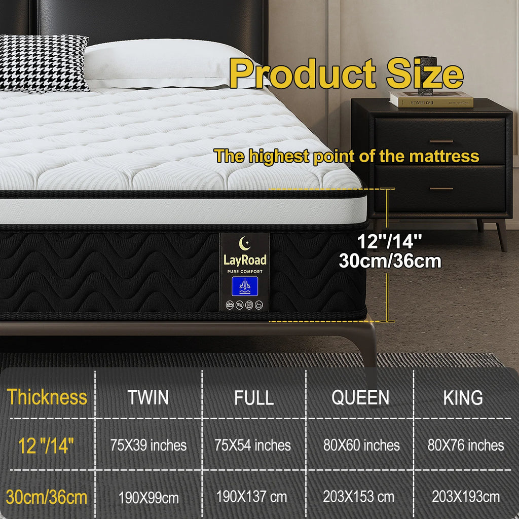 (Twin/Full/Queen/King) 12-Inch Gel Memory Foam Hybrid Mattress — Individual Pocket Coils, Pressure Relief & Motion Isolation, Medium-Firm, CertiPUR-US Certified