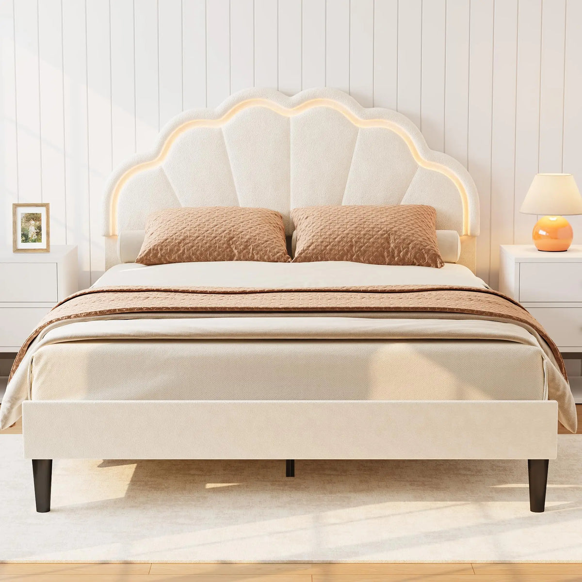 (Twin/Full\Queen) Upholstered LED Bed Frame, Velvet Shell Headboard, Adjustable Height, Underbed Storage, No Box Spring Needed, Easy Assembly
