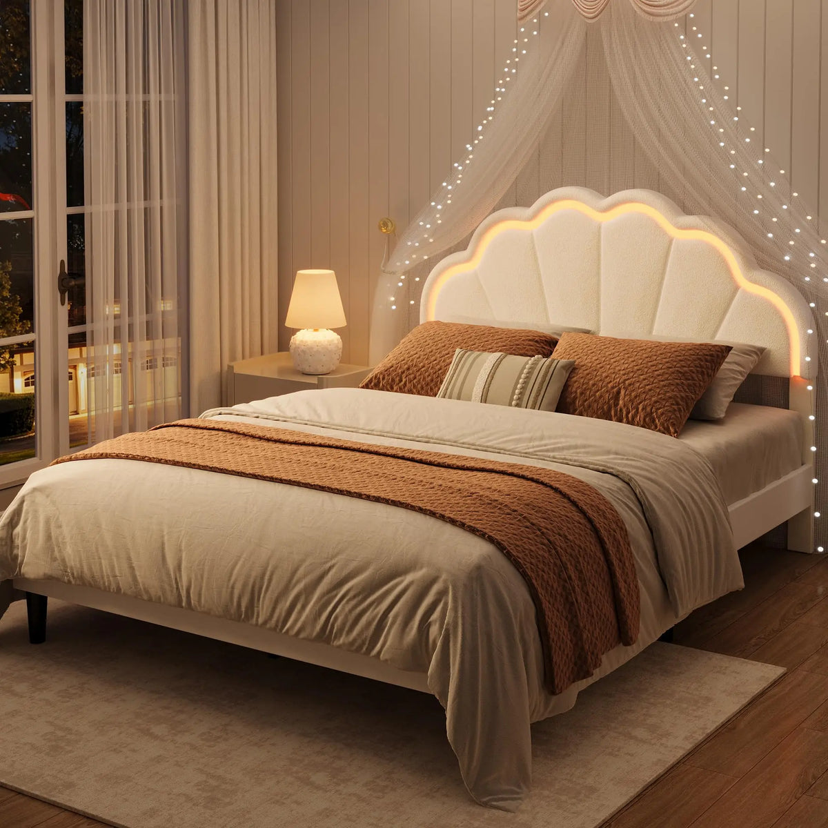 (Twin/Full\Queen) Upholstered LED Bed Frame, Velvet Shell Headboard, Adjustable Height, Underbed Storage, No Box Spring Needed, Easy Assembly