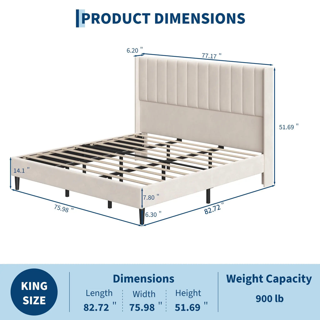 Full/Queen/King Velvet Platform Bed Frame — 52" Beige Wingback Tufted Headboard, Wood Slats & Storage