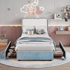 Twin Upholstered LED Bed Frame with 2 Storage Drawers, Adjustable Velvet Headboard — Platform Bed for Kids, No Box Spring Needed