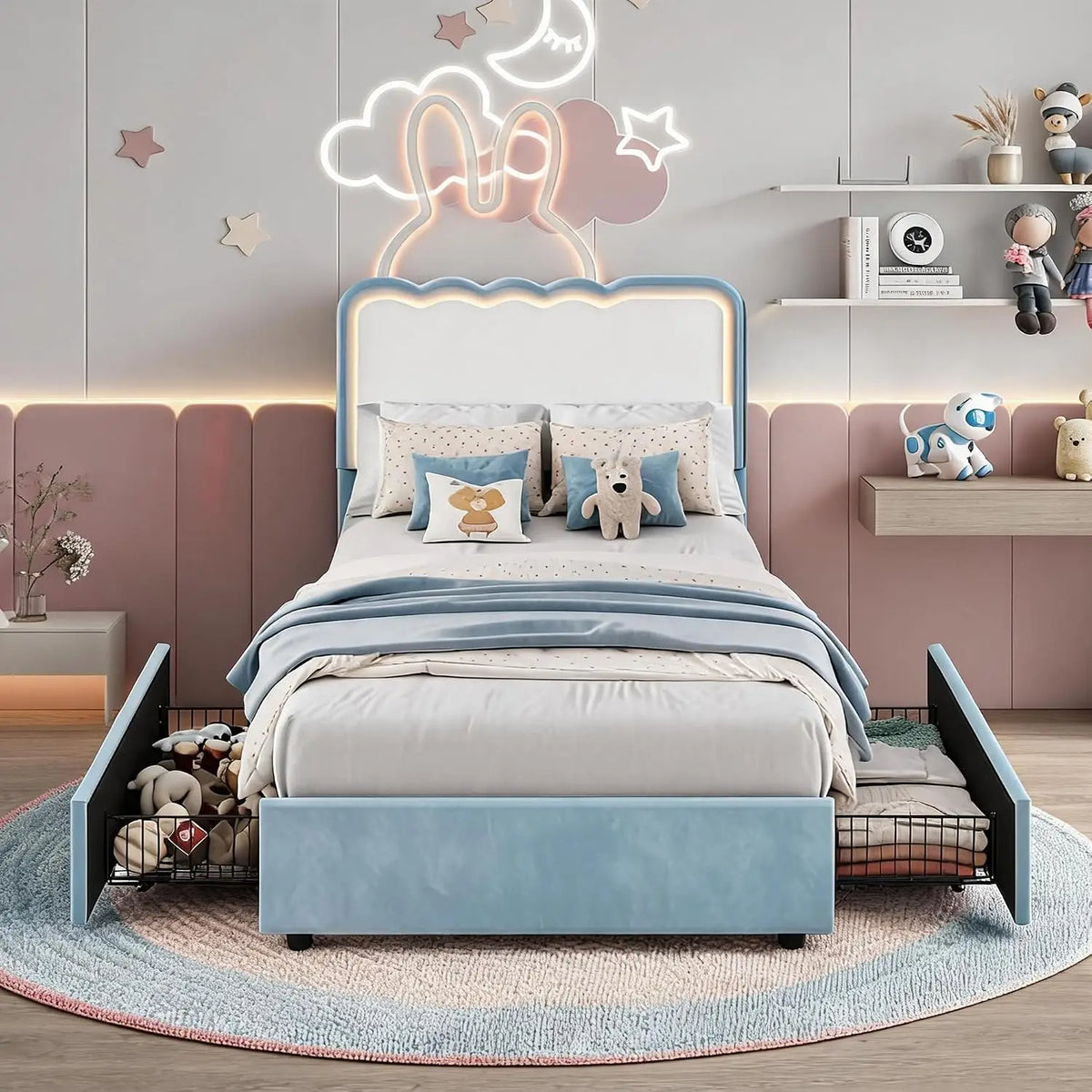 Twin Upholstered LED Bed Frame with 2 Storage Drawers, Adjustable Velvet Headboard — Platform Bed for Kids, No Box Spring Needed