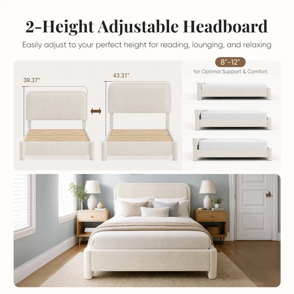 JHK Teddy Velvet Upholstered Bed Frame with Adjustable Headboard – Full & Queen Size LuxeHome Furniture