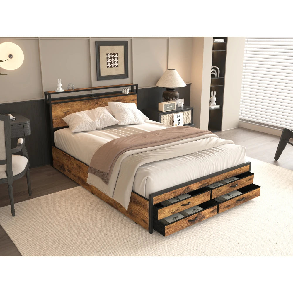 Orraves Queen Bed Frame with 8 Storage Drawers, LED Headboard & Charging Station LuxeHome Furniture