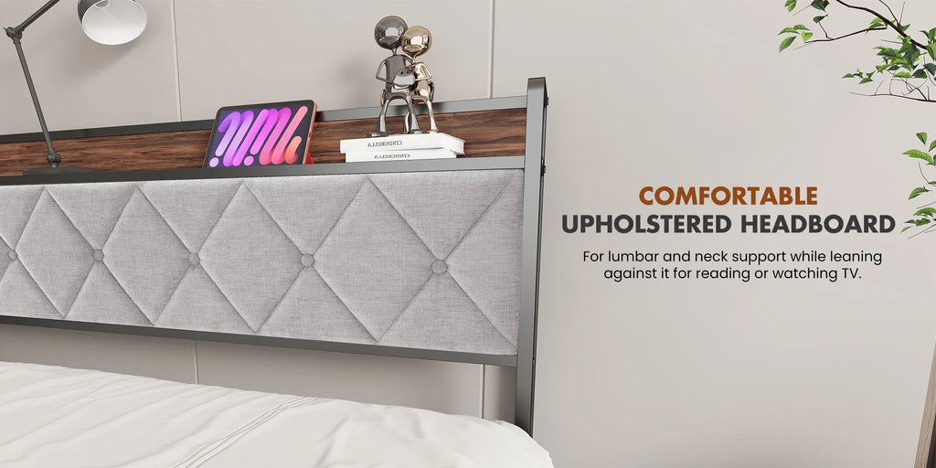 King Size Metal Bed Frame (Heavy-Duty) with Headboard Charging Station — Easy Assembly, (1,100 lbs Capacity)
