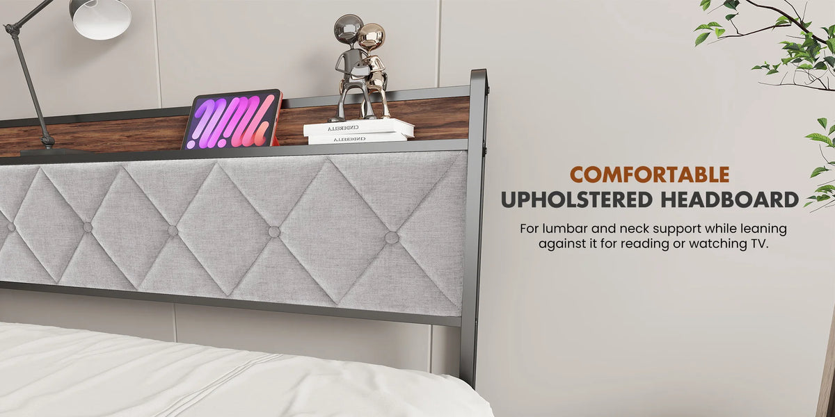 King Size Metal Bed Frame (Heavy-Duty) with Headboard Charging Station — Easy Assembly, (1,100 lbs Capacity)