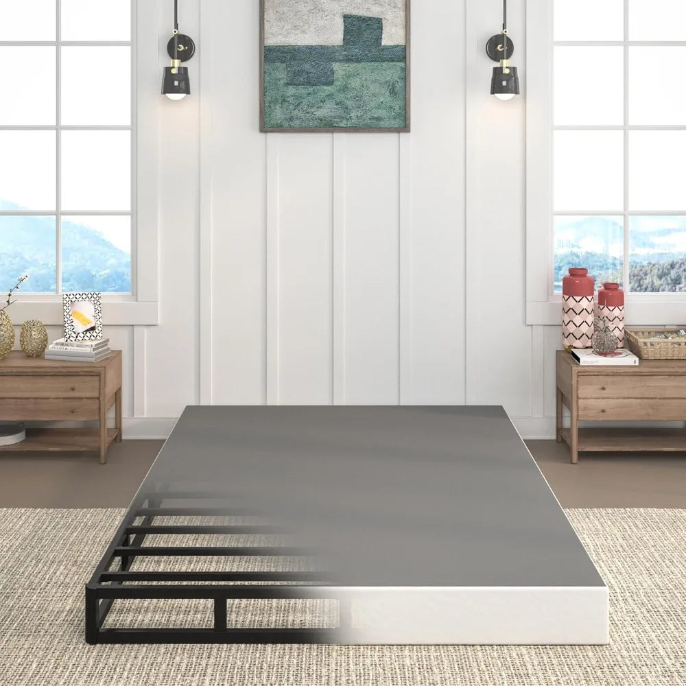 LuxeHome Furniture Full Size 7-Inch Heavy Duty Metal Box Spring with a sleek design, placed in a bright room with wooden furn