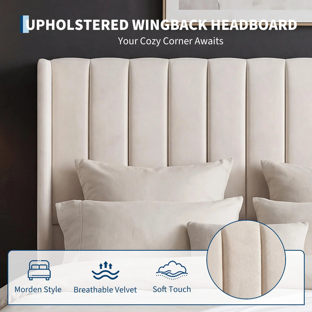 Full/Queen/King Velvet Platform Bed Frame — 52" Beige Wingback Tufted Headboard, Wood Slats & Storage