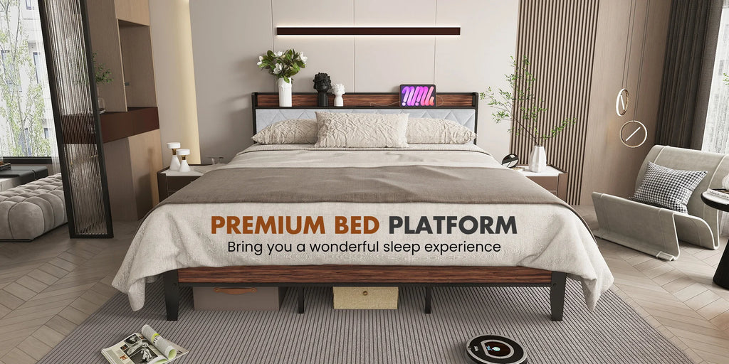 King Size Metal Bed Frame (Heavy-Duty) with Headboard Charging Station — Easy Assembly, (1,100 lbs Capacity)