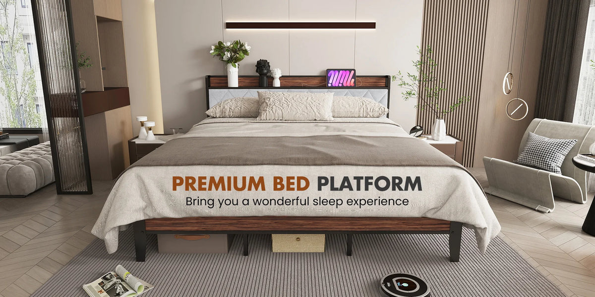 King Size Metal Bed Frame (Heavy-Duty) with Headboard Charging Station — Easy Assembly, (1,100 lbs Capacity)
