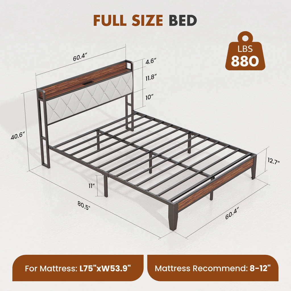 King Size Metal Bed Frame (Heavy-Duty) with Headboard Charging Station — Easy Assembly, (1,100 lbs Capacity)