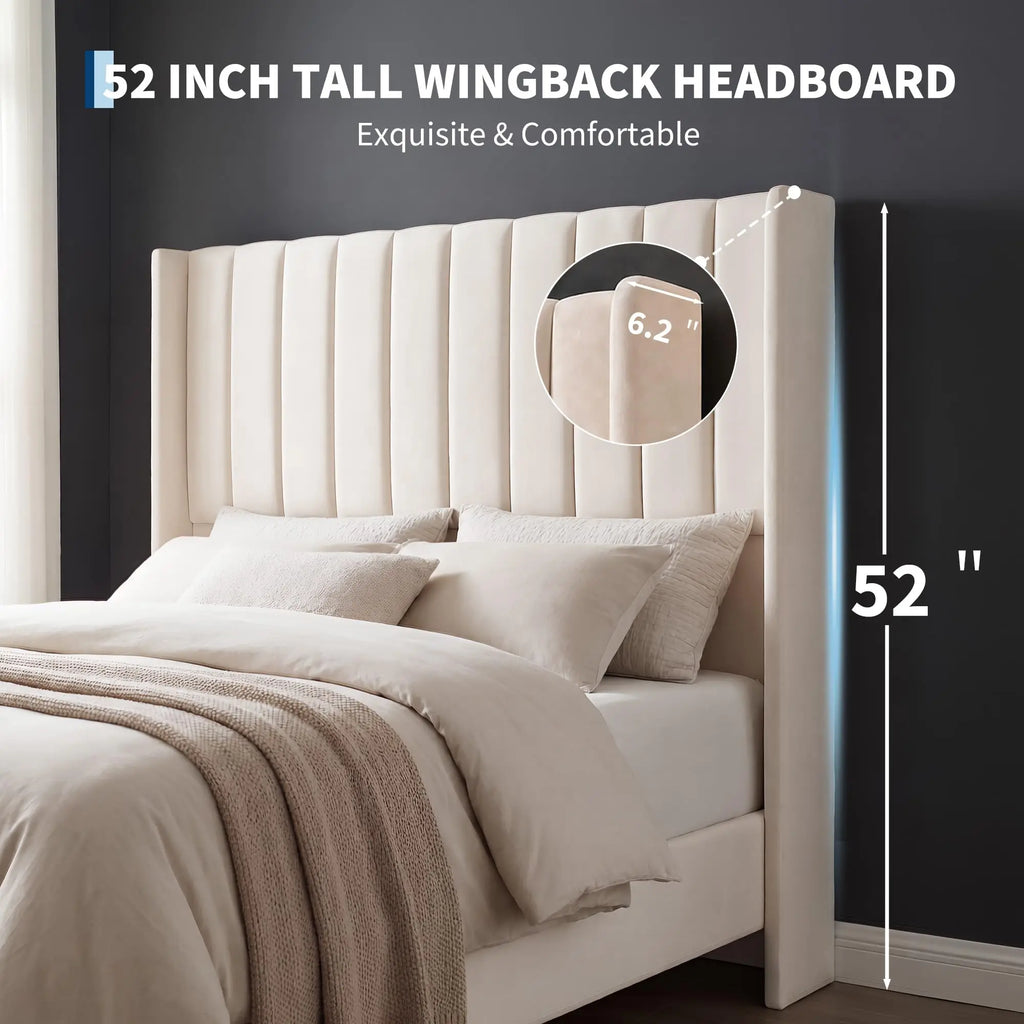 Full/Queen/King Velvet Platform Bed Frame — 52" Beige Wingback Tufted Headboard, Wood Slats & Storage