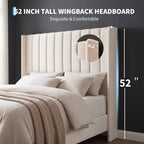Full/Queen/King Velvet Platform Bed Frame — 52" Beige Wingback Tufted Headboard, Wood Slats & Storage