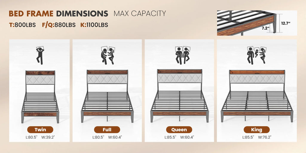 King Size Metal Bed Frame (Heavy-Duty) with Headboard Charging Station — Easy Assembly, (1,100 lbs Capacity)