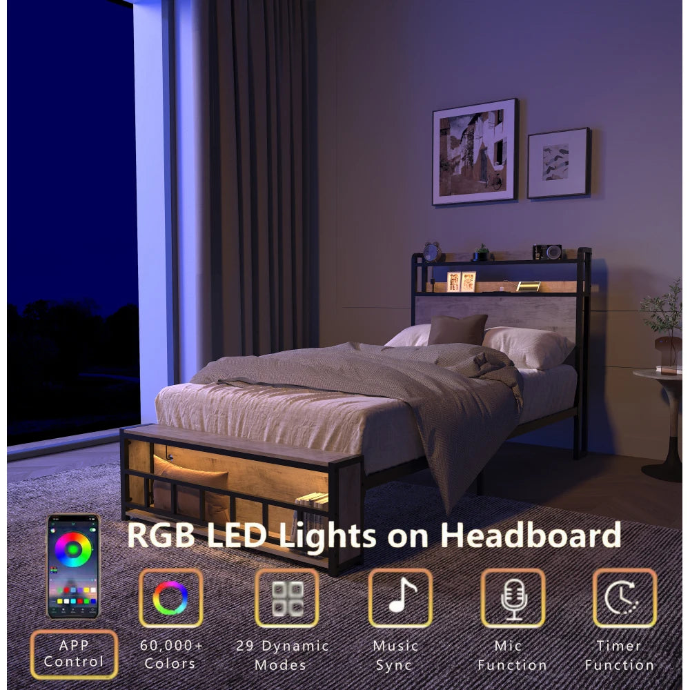 Orraves Twin Bed Frame with LED Lights & Charging Station – Modern Upholstered Platform Bed LuxeHome Furniture