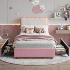 Twin Upholstered LED Bed Frame with 2 Storage Drawers, Adjustable Velvet Headboard — Platform Bed for Kids, No Box Spring Needed