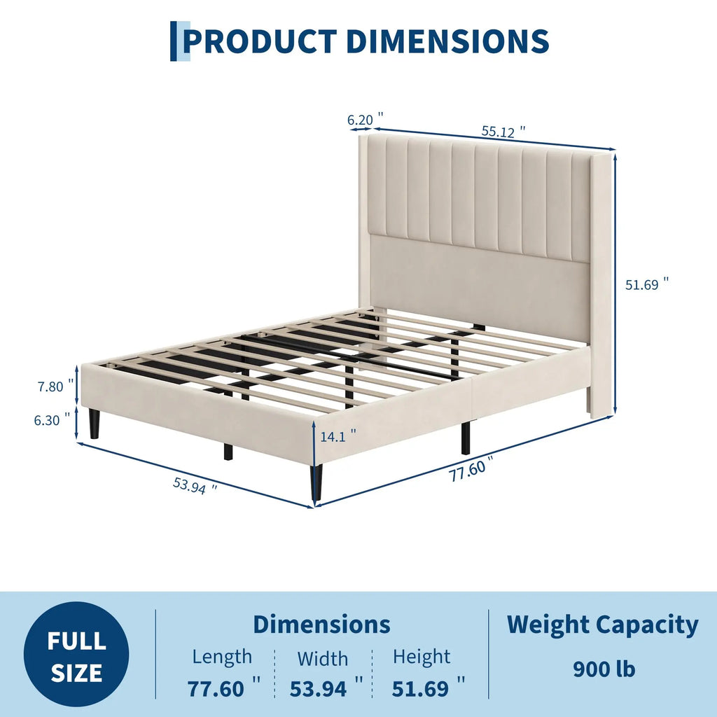 Full/Queen/King Velvet Platform Bed Frame — 52" Beige Wingback Tufted Headboard, Wood Slats & Storage
