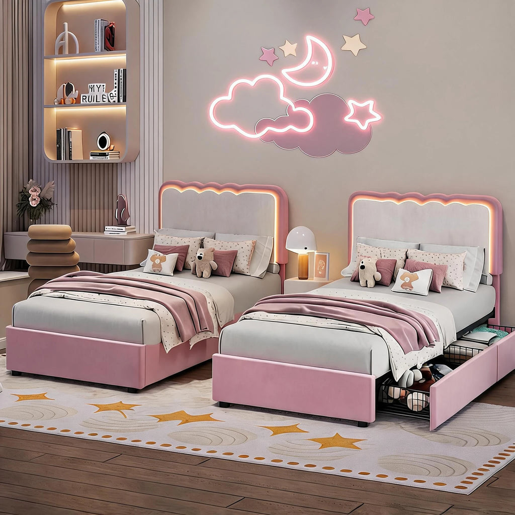 Twin Upholstered LED Bed Frame with 2 Storage Drawers, Adjustable Velvet Headboard — Platform Bed for Kids, No Box Spring Needed