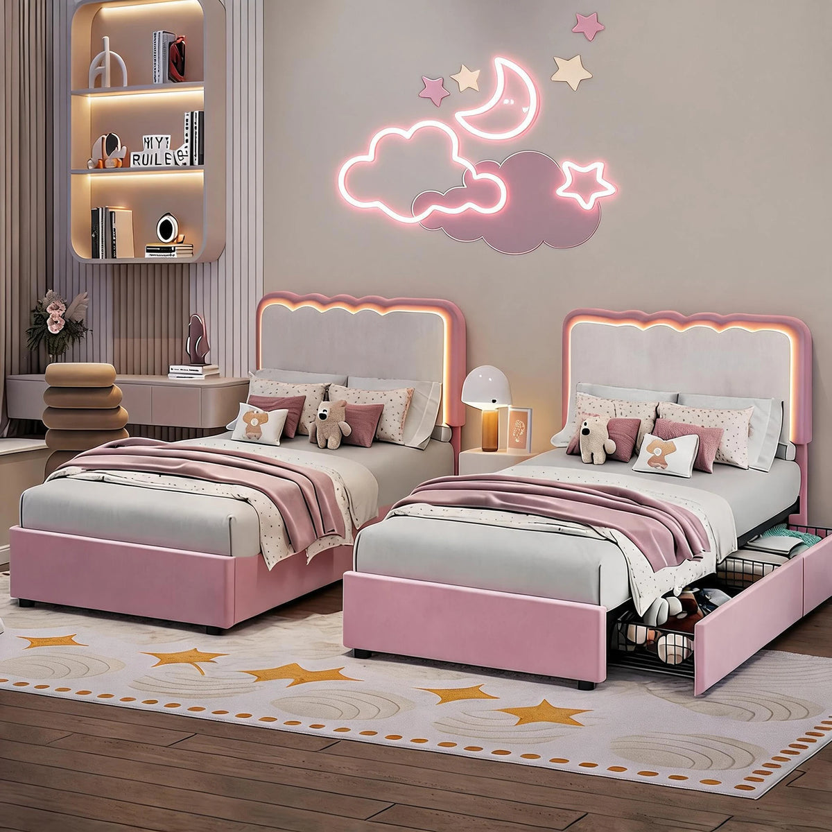 Twin Upholstered LED Bed Frame with 2 Storage Drawers, Adjustable Velvet Headboard — Platform Bed for Kids, No Box Spring Needed